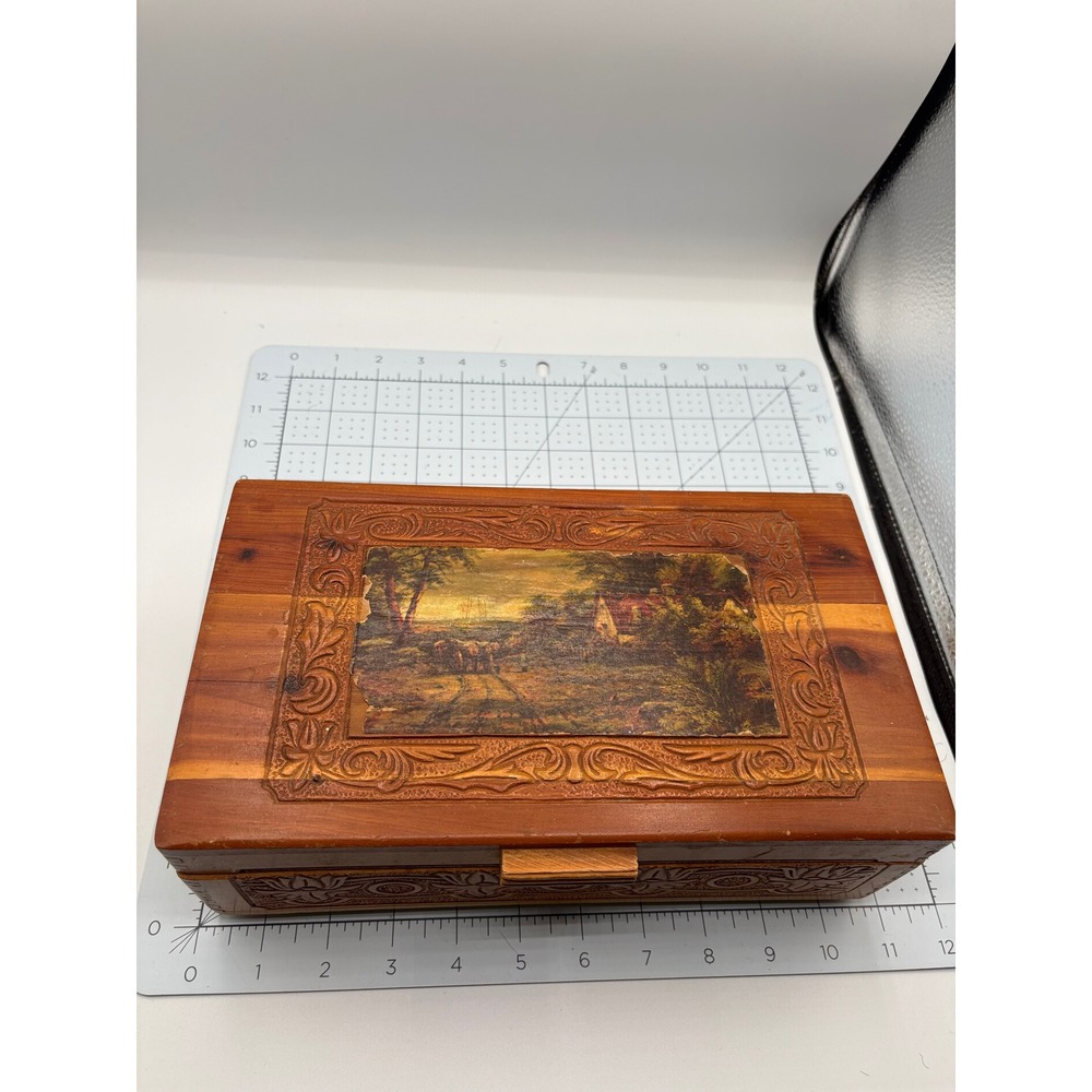 Vintage Cedar Wood Jewelry Box Carved Floral Landscape Mirror‎ Red Lining